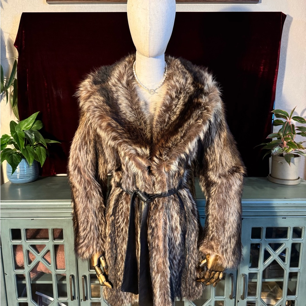 Authentic Racoon and Fur coat with Leather Belt